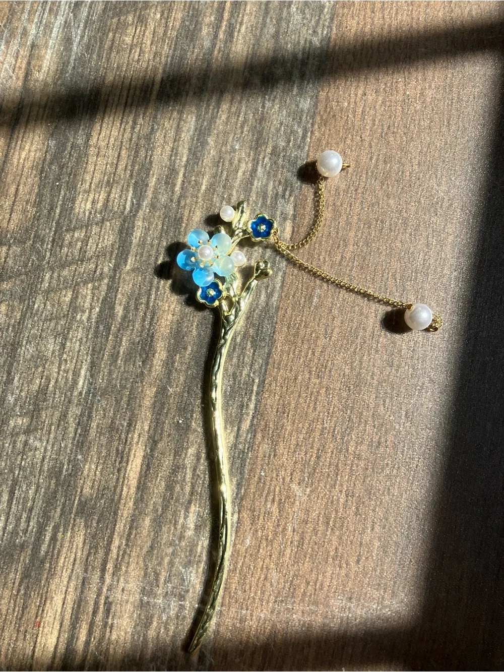Gold Floral Hair Sticks with Blue and Pink Accents